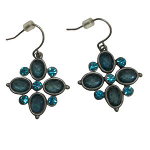 Vintage 1" Drop Pewter Colored Hook Earring Teal Stones Floral Shape